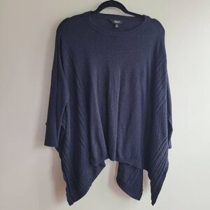 navy blue knit asymmetric handkerchief hem‎ dolman style sleeve split hem